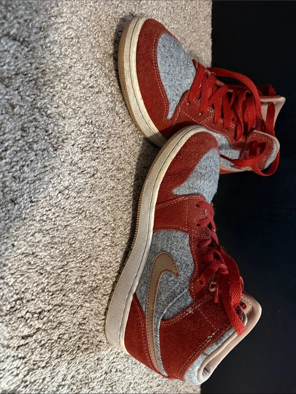 Nike Kids Red and Gray Mid-Top Sneakers with Tan Swoosh